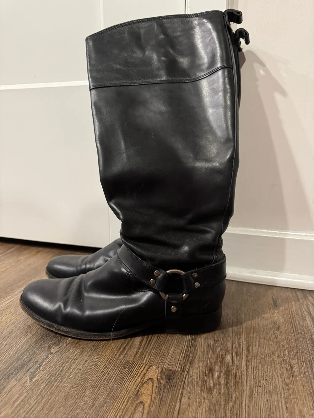 FRYE AND CO. Black Leather Over-the-Knee Harness Boots